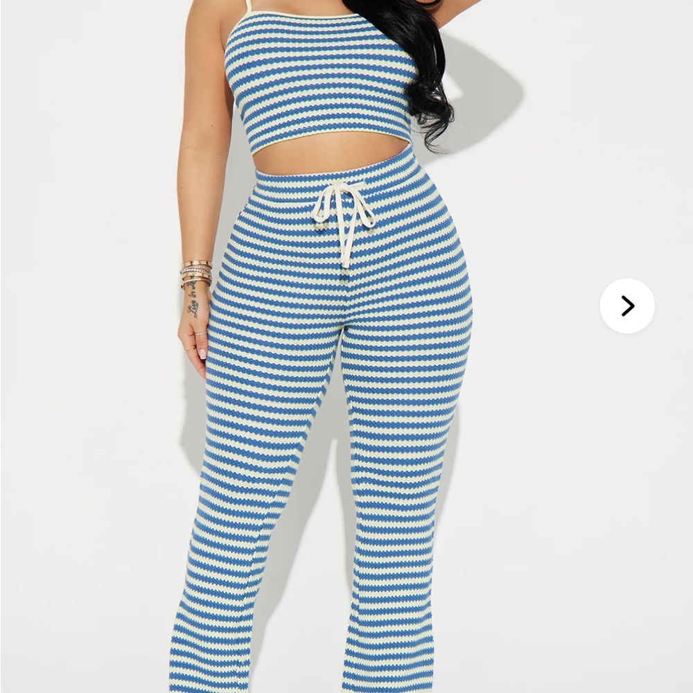 Fashion Nova Blue and White Striped Summer Fling Crochet Jumpsuit NWT